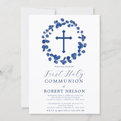 Blue Leaf Boys First Communion Invitation