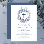 Blue Leaf Boys First Communion Invitation<br><div class="desc">Beautiful First Communion invitations featuring a soft blue leaf wreath and cross set on a white background.  Flip our invitation over to view a coordinating back for an extra special touch.  Visit our shop to view our entire leaf collection.</div>