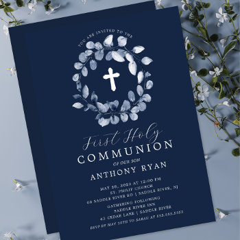 Blue Leaf Boys First Communion Invitation by invitationstop at Zazzle