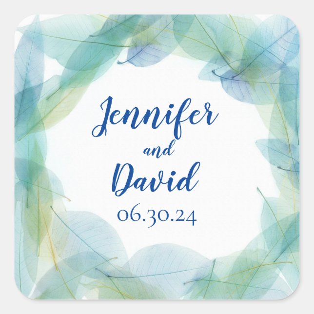 Blue Leaf Design Personalized Wedding Stickers (Front)