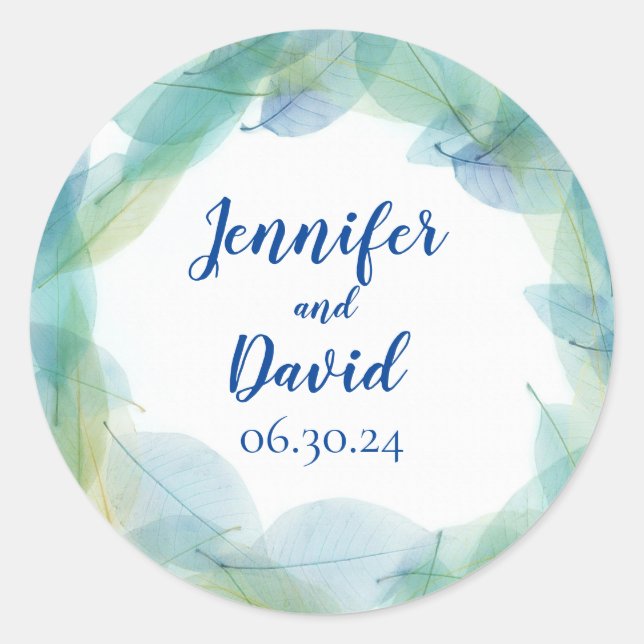 Blue Leaf Design Personalized Wedding Stickers (Front)