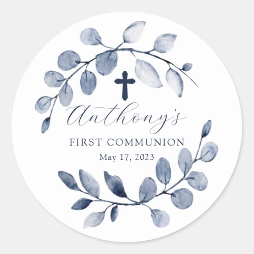 Blue Leaf First Communion Classic Round Sticker