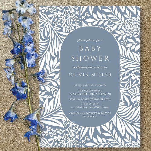 Blue Leaf Floral Baby Shower Invitation