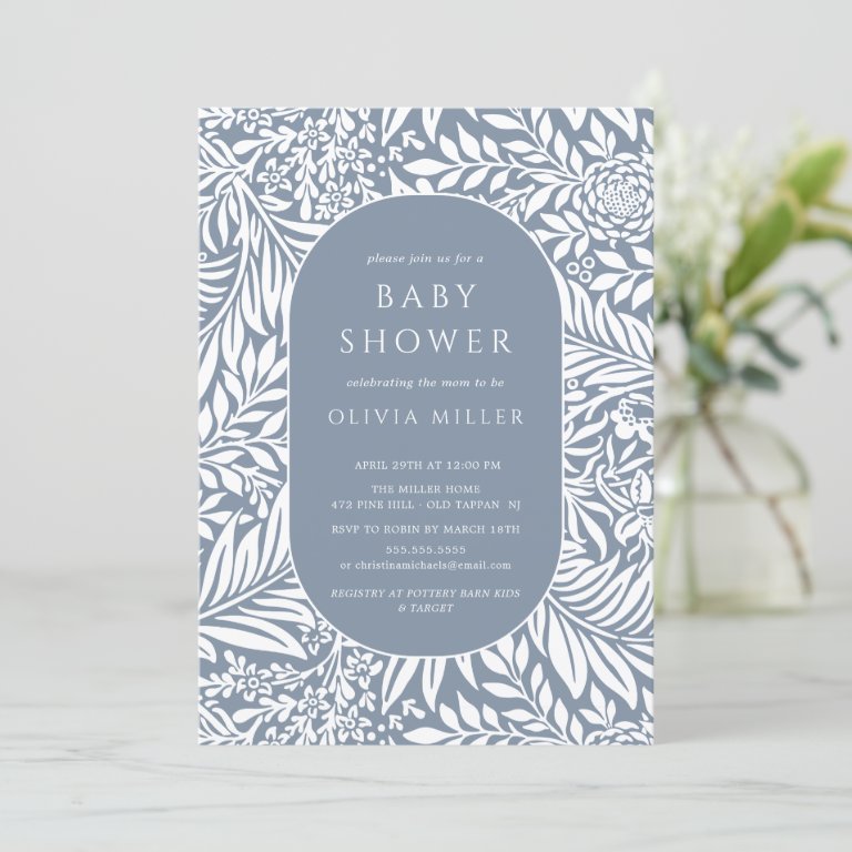 Blue Leaf Floral Baby Shower Invitation