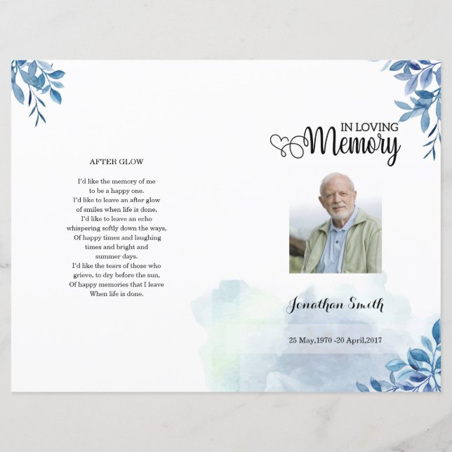 Blue leaf Funeral Program template (Front)