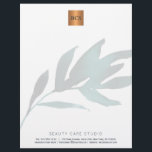 Blue leaf metallic gold copper monogrammed letterhead<br><div class="desc">Simple luxurious glamorous letterhead with hand painted watercolor ocean navy blue leaves branch for business / professional use with monogrammed shiny beige tan copper metallic look geometric square label. Perfect choice for a stylish feminine sophisticated business image. ----- Personalize it with your business name and initials / monogram and your...</div>