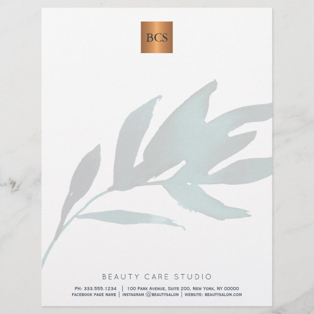 Blue leaf metallic gold copper monogrammed letterhead (Front)