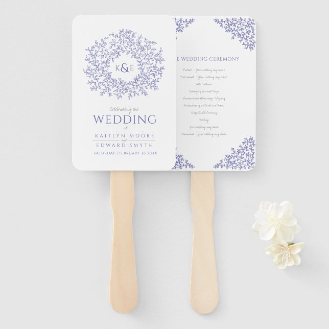 blue leaf monogram art wedding program hand fan (Front and Back)