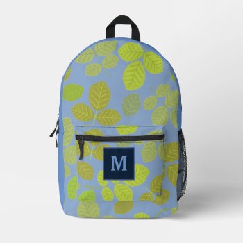 Blue Leaf Nature Pattern Modern Monogram  Printed Backpack by Trendshop at Zazzle