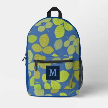 Blue Leaf Nature Pattern Modern Monogram  Printed Backpack by Trendshop at Zazzle