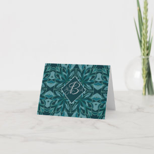 Blue Leaf Pattern Monogram Personal Note Card