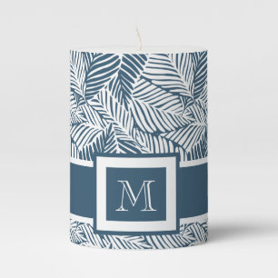 Blue Leaf Pattern Monogram Pillar Candle