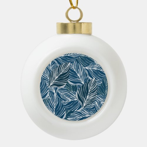 Blue Leaf Pattern Vintage Wallpaper Ceramic Ball Christmas Ornament