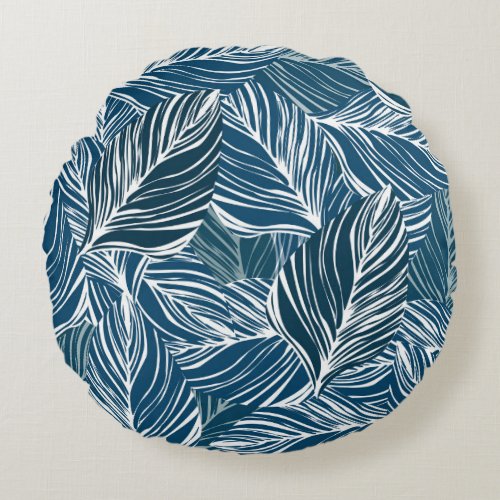 Blue Leaf Pattern Vintage Wallpaper Round Pillow
