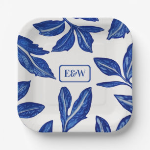 Blue Leaf Pottery Motif with Paired Initials  Paper Plates