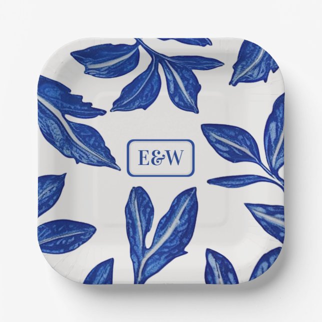 Blue Leaf Pottery Motif with Paired Initials  Paper Plates (Front)
