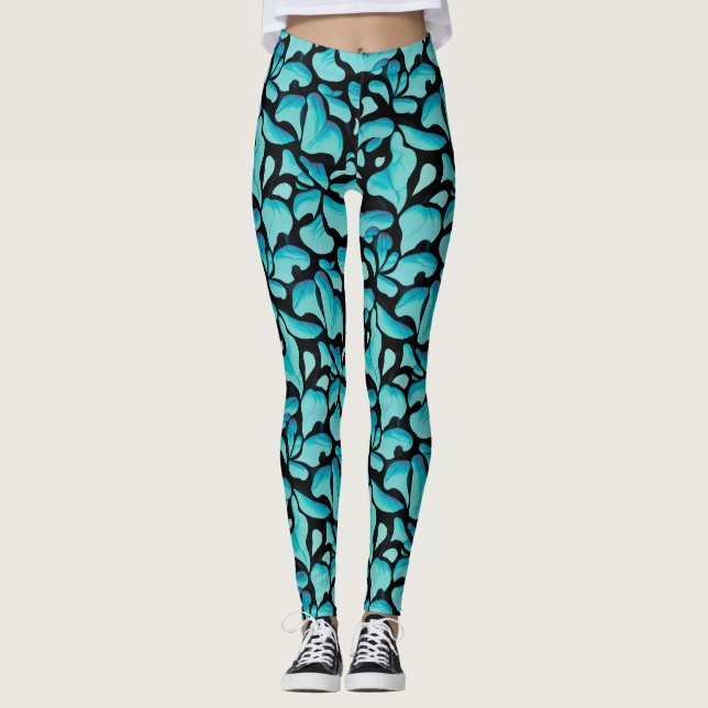 Blue Leaf Repeating Pattern Leggings (Front)