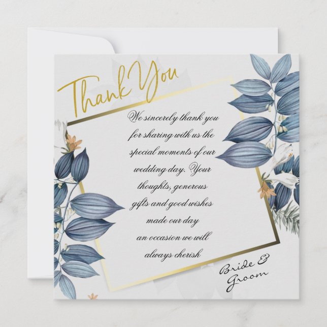 Blue Leaf Wedding  Thank You Card (Front)