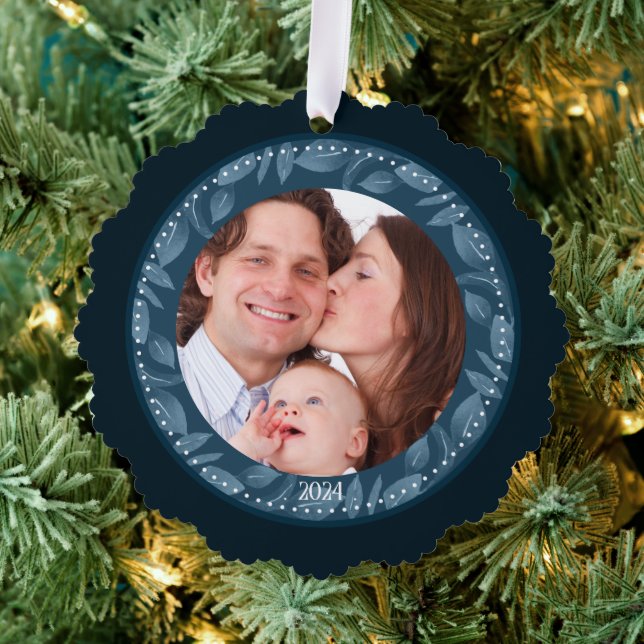 BLUE Leaf Wreath Family Photo Custom Ornament Card (Insitu (Tree))