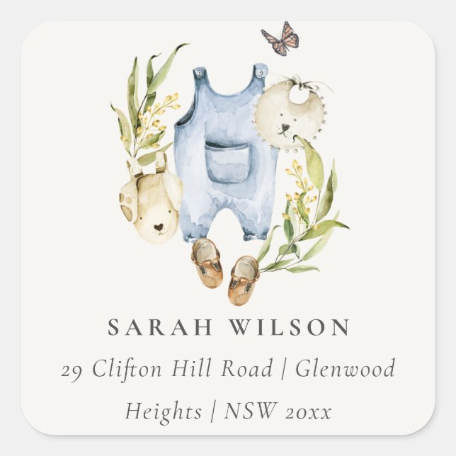 Blue Leafy Foliage Boy Clothes Baby Shower Address Square Sticker (Front)