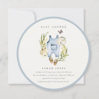 Blue Leafy Foliage Boy Clothes Baby Shower Invite