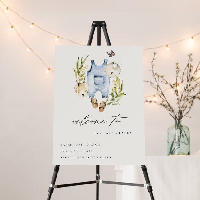 Blue Leafy Foliage Boy Clothes Baby Shower Welcome Foam Board (In Situ (Stand))