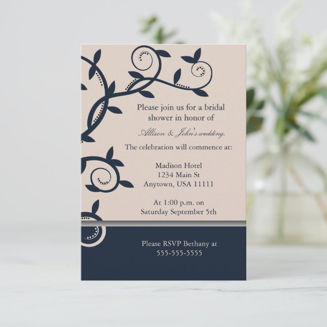 Blue Leafy Vine Bridal Shower Invitation (Standing Front)