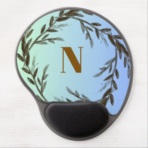 Blue Leafy Wreath Monogram Letter N Gel Wrist Rest Mouse Pad