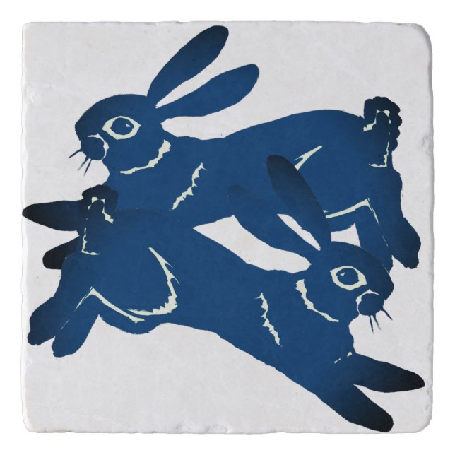 Blue Leaping Rabbit Hare Bold Animal Pattern Trivet (Front)