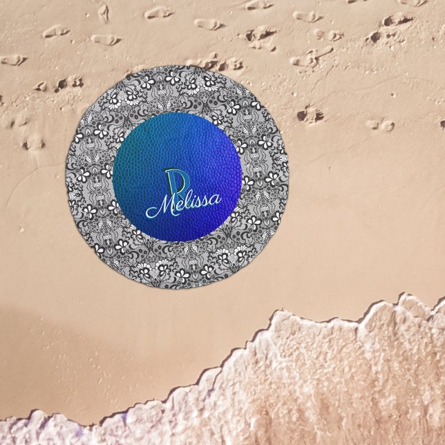 Blue Leather and black lace chic monogrammed Beach Towel (Creator Uploaded)