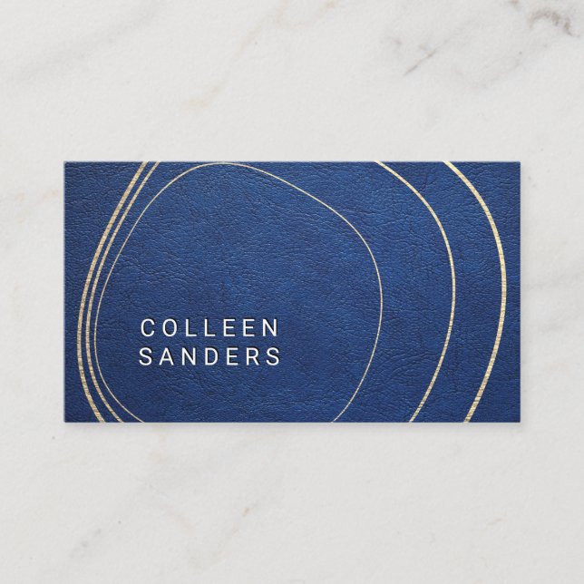 Blue Leather | Artistic Gold Lines Business Card (Front)