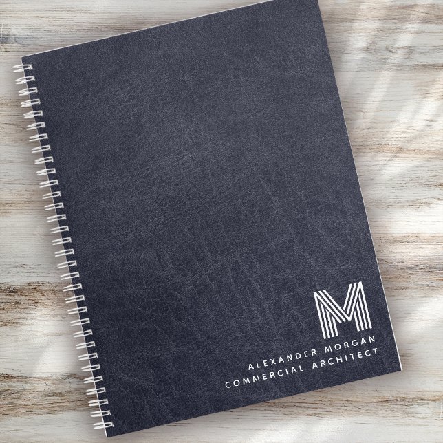 Blue Leather Bold Monogram Initials Name Notebook (Creator Uploaded)