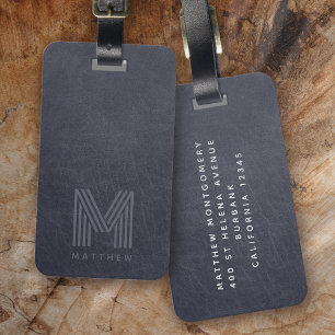 Blue Leather Bold Monogram Masculine Luggage Tag