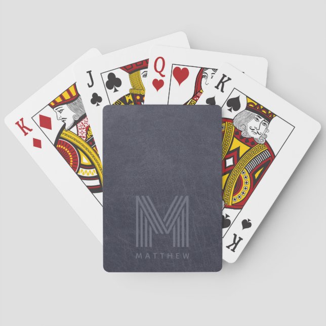 Blue Leather Bold Monogram Masculine Poker Cards (Back)