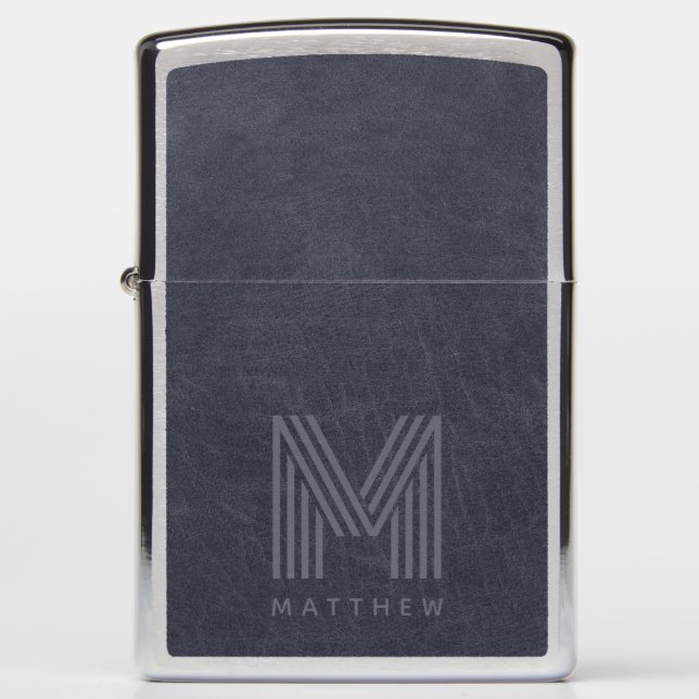 Blue Leather Bold Monogram Masculine Zippo Lighter (Front)