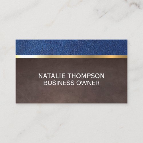 Blue Leather Brown Texture Gold Metallic Trim Business Card