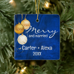 Blue Leather First Christmas Married Ceramic Ornament