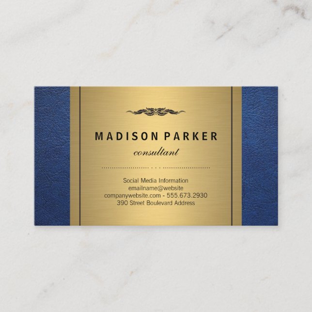 Blue Leather Gold Metallic Business Card (Front)
