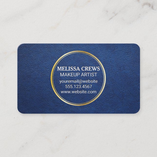 Blue Leather | Gold Metallic Ring Business Card (Front)