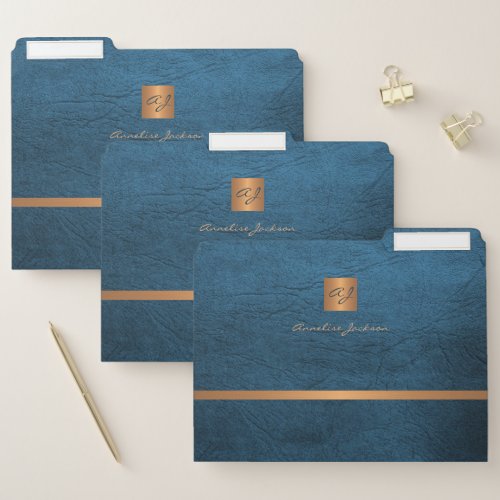 Blue leather gold monogrammed modern elegant chic file folder