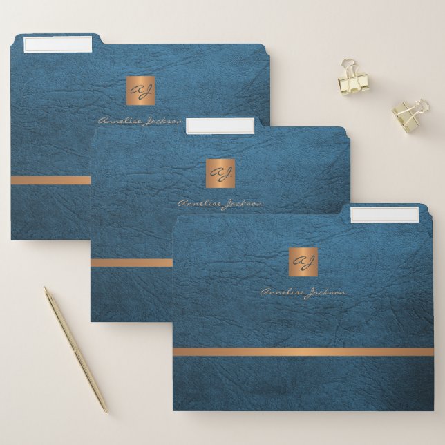 Blue leather gold monogrammed modern elegant chic file folder (Set)