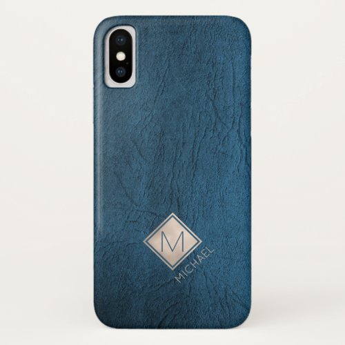 Blue Leather Ivory Diamond Name Monogrammed iPhone XS Case