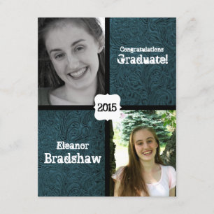 Blue Leather Look Two Photo Graduation Party Invitation