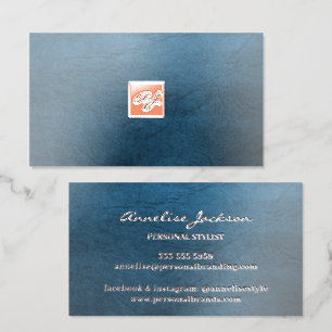 Blue leather luxury elegant rose gold metallic foil business cards