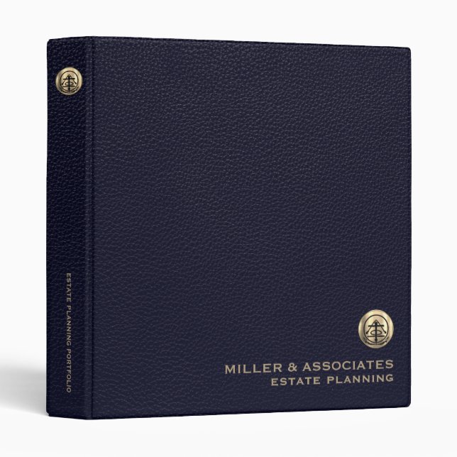 Blue Leather Luxury Gold Emblem 3 Ring Binder (Front/Spine)