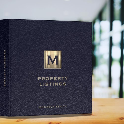 Blue Leather Print Gold Initial Logo Real Estate 3 Ring Binder