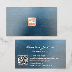 Blue leather rose gold luxury elegant QR code Foil Business Cards