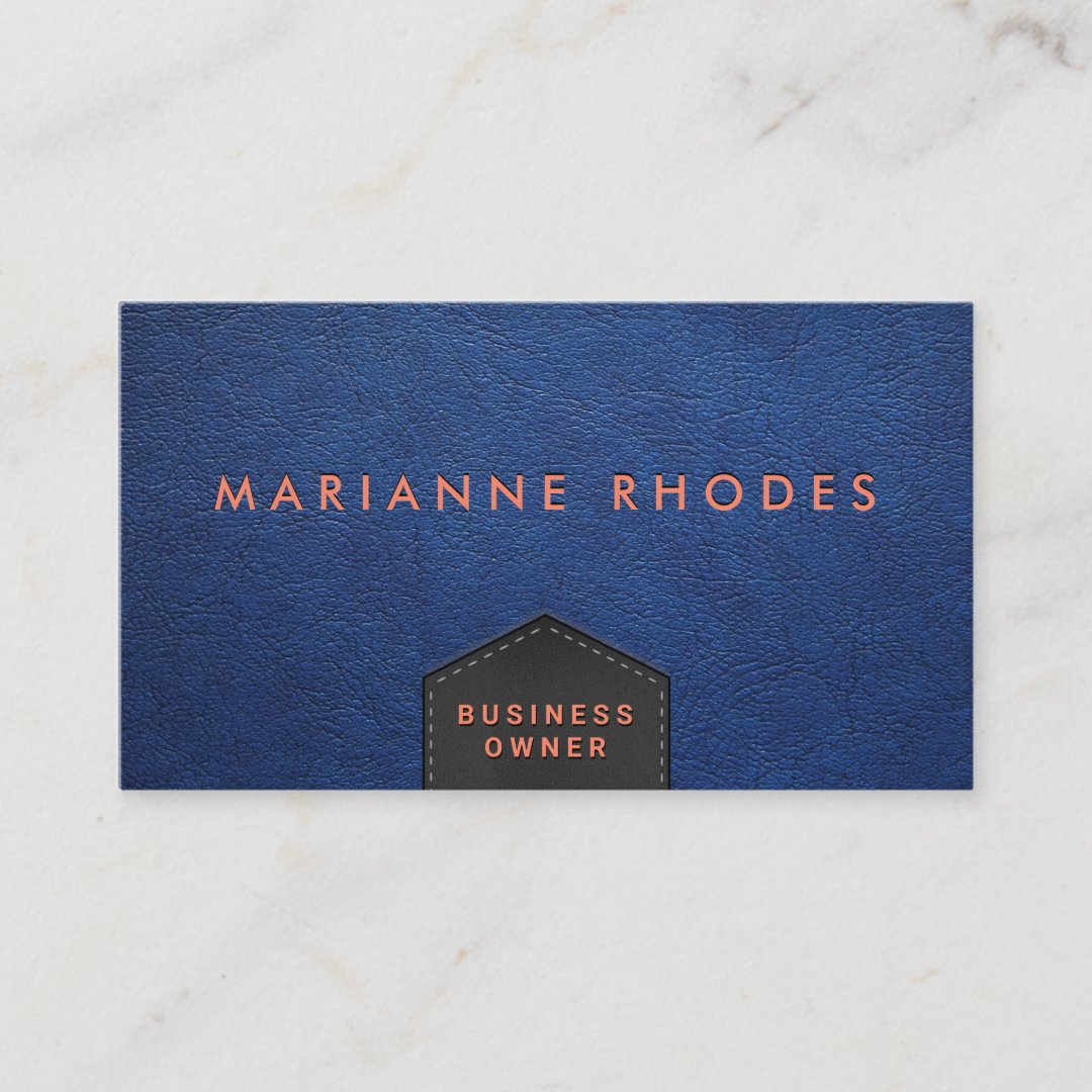Blue Leather Stitched Flap Embossed Lettering Business Card Zazzle