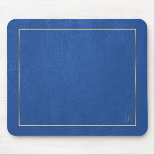 Blue Leather Texture Gold Frame-Custom Monogram Mouse Pad