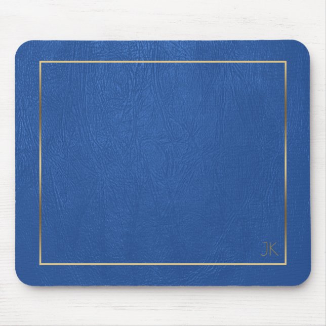 Blue Leather Texture Gold Frame-Custom Monogram Mouse Pad (Front)
